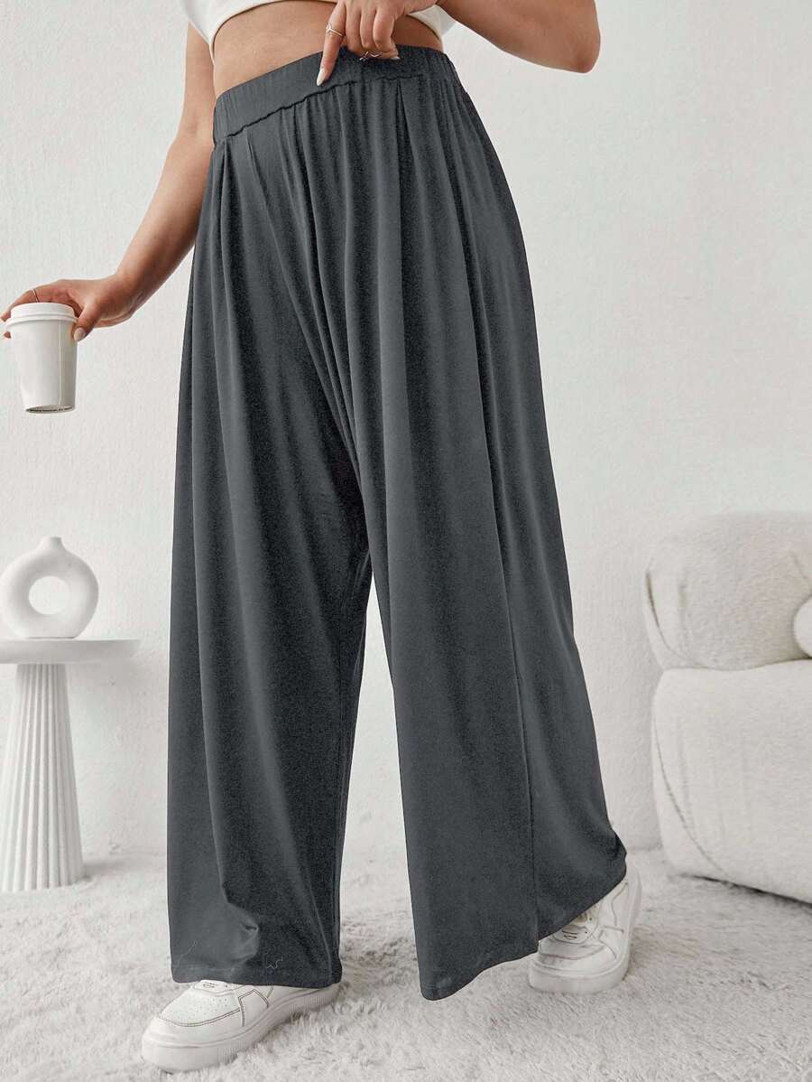 EURMUSE Plus Solid Strechy Viscose Fabric Wide Leg Pull On Summer Pants - Dark Grey - View 1
