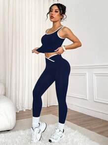Slayform Women's Yoga Contrast Trim Crew Neck Tank Top And Criss-Cross Waist Ankle Length Pants Sports Set Navy Workout Set Two Piece Workout Set Two Piece Active Set Gym Set Workout Leggings And Top Set Workout Leggings Two Piece Set Gym Two Piece Set Gym Set Two Piece Activewear Set