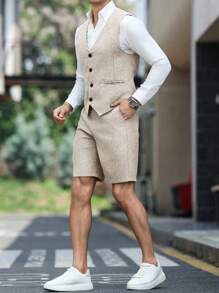 Manfinity Mode 男士V领无袖纽扣背心和修身连衣裙短裤套装男士夏季服装男士夏季西装男士亚麻服装亚麻夏季服装男士男士度假服装 - 杏色 - 查看 4