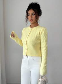 Elenzga Nuevo cárdigan corto de mujer de cuello redondo con diseño de botones, de color crema amarillento, suave y ajustado, de moda para citas y uso diario, para otoño/invierno - Amarillo - Ver 5