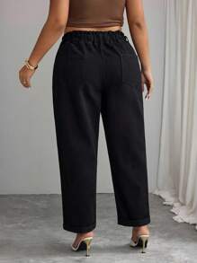 Elenzga Plus Size Women Frill Trim Waist Pocket Wide Leg Loose Casual Jeans - Black - View 2