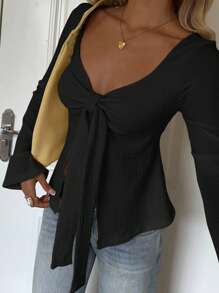 SHEIN EZwear Women's Regular Length Flare Sleeve Top In Black With Chic Front Bow And Slit Hem Bow Tops - Black - View 6