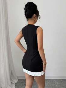 Rafferiza Women's Hollow Metal Buckle Ruffle Trim Dress - Black and White - View 2