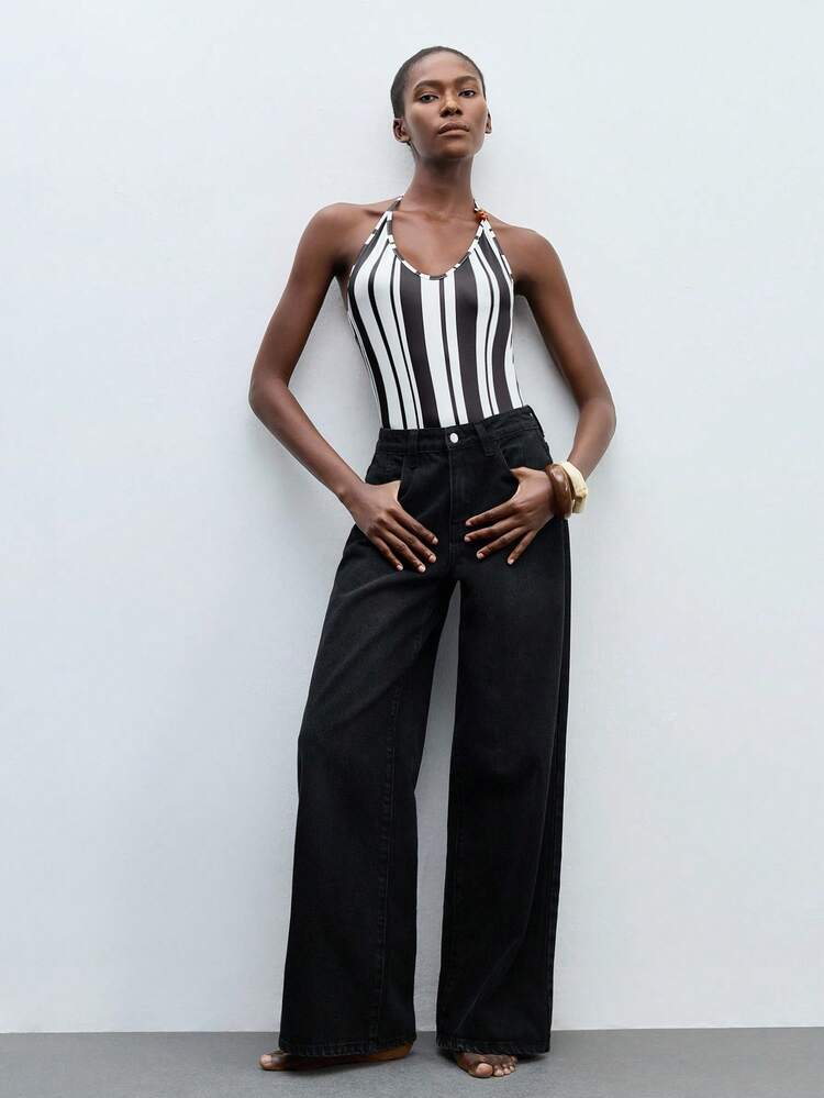 SHEIN Maija Women's Black And White Striped Backless Tied Neck Bodysuit, Sexy & Fashionable Minimalist Style, Comfortable For Resort, Beach Essential Summer Outfits For Women Rompers For Women Summer Clothes For Women