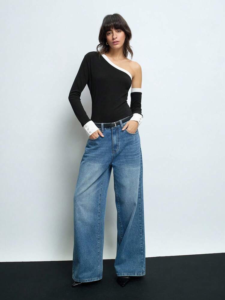 SHEIN Maija Women's Asymmetrical Oblique Collar Fitted Long Sleeve Shirt With Metal Button Cuffs, Fashion Versatile Casual/Party Top For Spring Festival