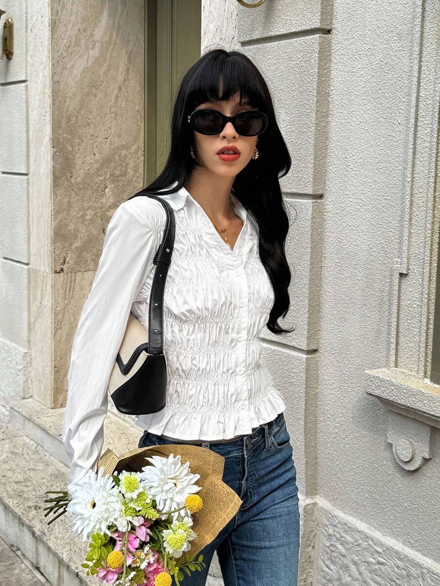 SHEIN Unity Camisa de mujer de unicolor con volantes en el bajo y botones al frente, para uso diario - Blanco - Ver 1
