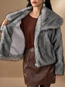 DAZY 女士复古蓬松外套，时尚秋冬夹克仿皮草大衣 - 白色 - 查看 6