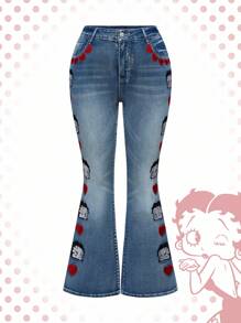 Betty Boop | ROMWE Spring/Summer Plus Size Heart & Figure Embroidered Flare Jeans - Blue - View 1
