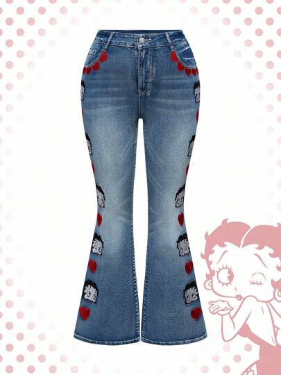 Betty Boop | ROMWE Jeans mit Herz- und Figurenstickerei in Große Größen
