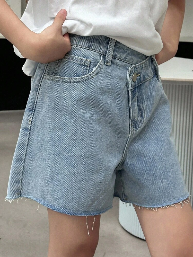 Teen Girls' Casual Asymmetric Waist Denim Shorts, Summer