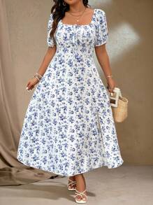 Roveilla Outfit elegante da donna con stampa floreale, polsini corti, orlo con spacco laterale, per taglie forti, adatto per l'estate e le vacanze