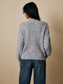 Poéselle Women's Solid Color Arched V-Neck Long Sleeve Single-Breasted Knitted Cardigan In Fall/Winter - Grey - View 5