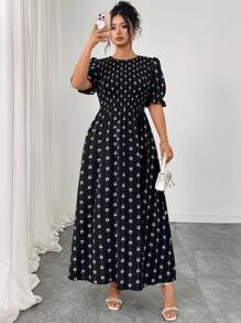 Modelyn Vestido de manga corta con cuello redondo y estampado de mariposa para tallas grandes - Negro - Ver 3