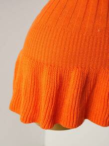 Mistrie Women's Knit Pearl Button Ribbed Orange Pleated Mini Dress, Short Sleeve Sexy Bodycon Minimalist Sweater Dress - Orange - View 5