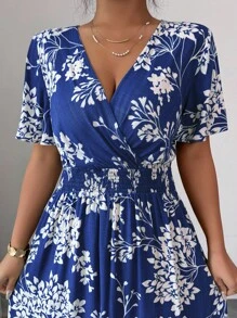 Elenzga Đầm chữ A xẻ tà hai bên tay loe, dáng chữ A, cổ tròn, thắt eo, thích hợp cho tiệc trà chiều, đi biển, mùa xuân/hè - Xanh đậm - Xem 5