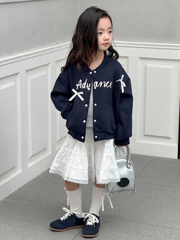 Young Girl Letter Print Bow Decor Jacket Fall,Winter