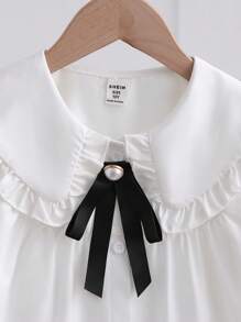 Elladie kids 1件少女彼得潘领泡泡袖衬衫，独特设计学院风上衣，秋冬返校季必备 - 白色 - 查看 6