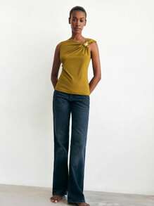 Maija Women's Summer Solid Color Asymmetric Ruched Metal Decor Tank Top - Mustard Yellow - View 6