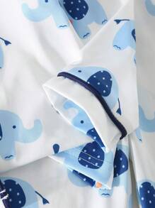 2 件套男婴睡衣套装，针织面料，大象印花，柔软舒适，长袖上衣，领口和袖口撞色，直筒裤，下摆撞色，可爱舒适的睡衣套装 - 藍色 - 查看 7