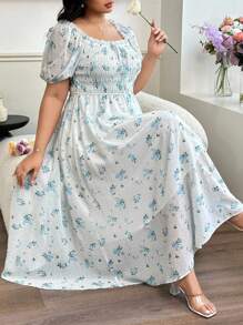 Modelyn Women's Mint Blue Floral Print Elegant Romantic Square Neck Lantern Sleeve Plus Size Dress - Multicolor - View 7