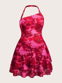 Sweetra Sexy Bodycon Kleid in Große Größen mit Taillengürtel, Blumenmuster und gerüschtem Saum, Trägerkleid für den Sommer