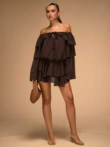 SHEIN BAE Women's Chocolate Solid Color Off-The-Shoulder Ruffle Hem Twist Long-Sleeved Dress Brown Boho Flowing Western Cowboy Girl, - Brown - View 1