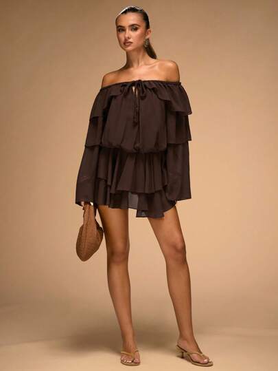 SHEIN BAE Women's Chocolate Solid Color Off-The-Shoulder Ruffle Hem Twist Long-Sleeved Dress Brown Off-The-Shoulder Dress Chocolate Brown Dress Brown Ruffle Dress, Boho Dress, Flowing Dress, Long-Sleeved Dress, Western Cowboy Girl, Going Out Dress