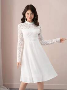 Pitira Pitira 少女白色透明蕾丝边雪纺下摆中长连衣裙，适合节日、派对、优雅、婚礼、返校、毕业 - 白色 - 查看 1