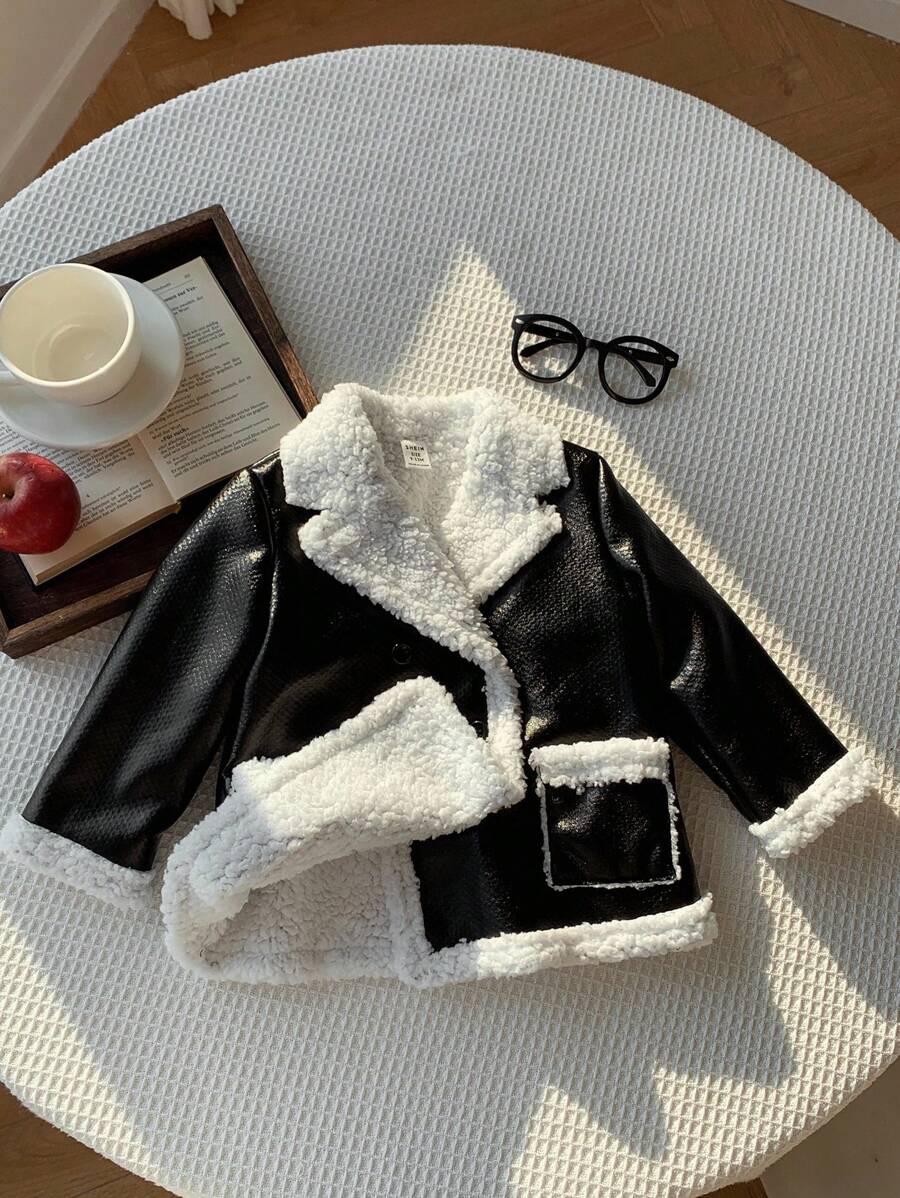 SHEIN Babygirl Cute Autumn/Winter Versatile Plush Fleece Faux Fur Jacket, Black & White Baby Boy Coat Baby Boy Leather Jacket Baby Boy Biker Jacket Baby Boy Faux Leather Jacket Baby Boy Sherpa Jacket Baby Girl Leather Jacket Baby Jacket Baby Girl Sherpa Jacket Baby Girl Faux Leather Jacket Fall