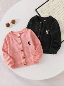 Genkimix Kids 返校季秋季服装两件套，女童可爱小马刺绣休闲罗纹条纹长袖粉色外套搭配黑色返校学院风冬季单品 - 粉色 - 查看 3