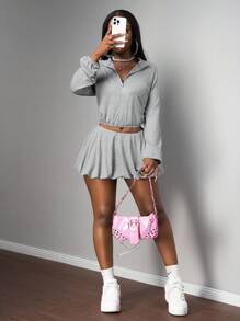 Slaydiva Bộ đồ hai mảnh nữ mùa hè và thu 2025 mới màu xám nhạt rộng rãi tay dài có khóa kéo ngắn + chân váy mini họa tiết nụ hoa, du lịch, du lịch hàng ngày, tụ tập tiệc tùng, hẹn hò, trang phục ăn trưa, trang phục du lịch sân bay, trở lại trường, tốt nghiệp, thường ngày-B - Màu Xám nhạt - Xem 6