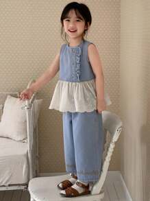 Dazy Kids 女童可爱牛仔荷叶边背心和裤子套装