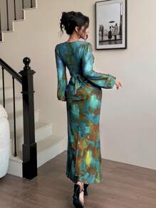 Modelyn 2 件套女士韩版优雅扎染图案弹力网眼修身美人鱼裙套装 - 彩色 - 查看 2