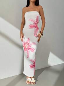 SHEIN PETITE Women's Elegant Floral Print Strapless Dress, Summer