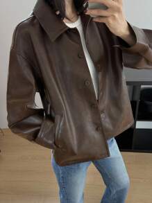 DAZY 秋季新款宽松休闲返校PU皮夹克女式外套 - 棕色 - 查看 6