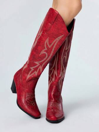 Fairycore Women's Cowgirl Boots, Slip-On Pull On, Wine Red Detail With Embroidery, Western Boots, Outdoor Fashion Casual Knee-High Boots