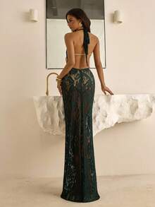Vowa Elegant, Romantic, Fashionable, Sexy, Dark Green, Lace Fabric, Halter Neck, Swing Collar, Backless, See-Through, Maxi Dress, Suitable For Nightclubs, Parties, Vacations, Cocktail Parties, Afternoon Tea Wear, Cocktail Dresses, Valentine's Day - Green - View 4