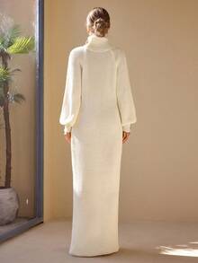 CLARA VERO Casual Turtle Neck Raglan Balloon Sleeve Solid Color Plain Pattern Oversize Loose Fit Cozy Warm Knitted Dress Button Detailed Cuffs Dress For Fall Winter For Women Outfits - Apricot - View 2