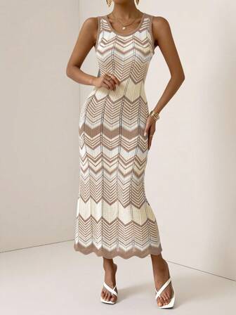 Vesra Heltäckande Mönster Kontrastfärgad Rund Halsringning Elegant Ärmlös Tröjklänning