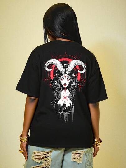 Goth T-shirt casual da donna a maniche corte con stampa cartoni animati, estiva