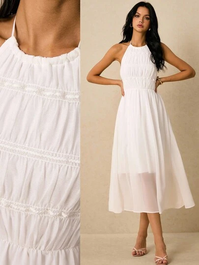 Poéselle 全白连衣裙，吊带设计，蕾丝缎带装饰，全白派对女装，飘逸面料，轻盈舒适，夏季必备单品，女士纯色褶皱休闲吊带中长连衣裙，白色中长连衣裙，吊带连衣裙，白色吊带连衣裙，新娘送礼会礼服，婚礼宾客礼服，适合日常穿着、外出、约会、宴会、游艇派对、鸡尾酒会、度假、海滩等各种场合。