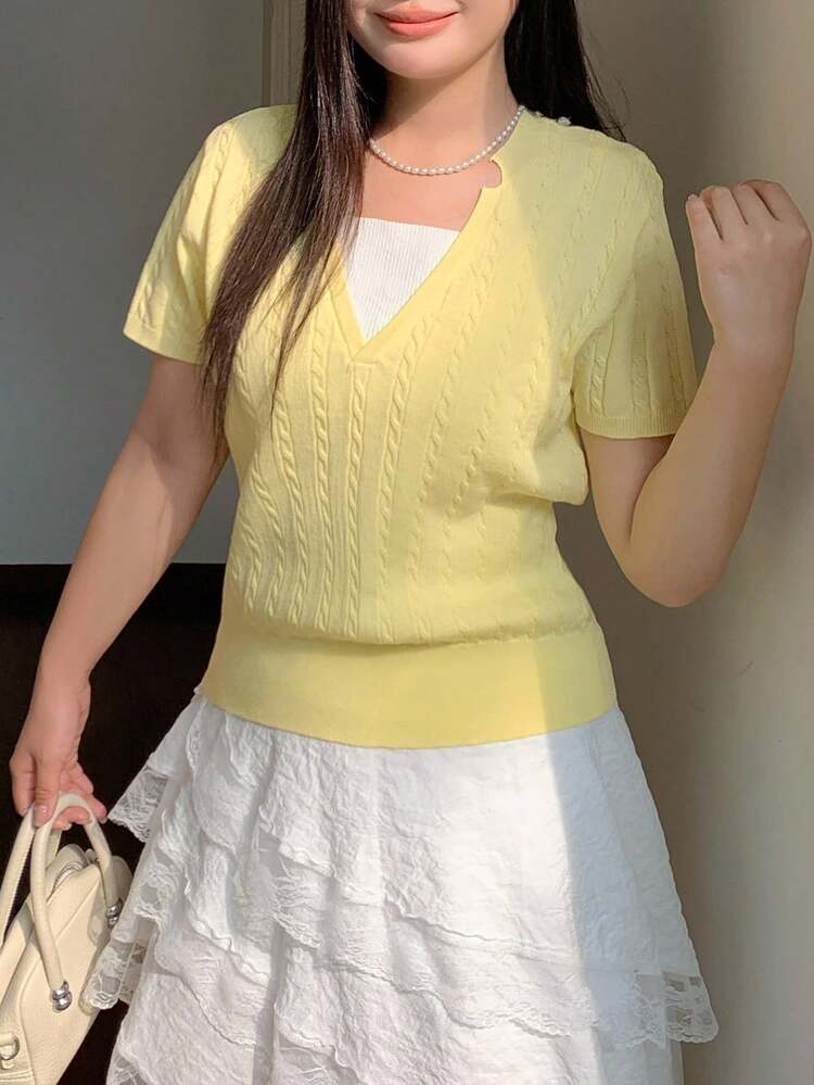 Dazy Plus Plus Size Women Contrast Color Patchwork 2 In 1 Braided Short Sleeve Knit Top