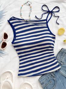 Soleia Women's Vacation Red & White Striped Knit Asymmetrical Neck Fitted Top, Suitable For Party, Christmas, Date, Beach, Cruise, Carnival, Summer Striped Tank Top Striped Summer Top Summer Tops Women Blue And White Striped Top Knit Tank Top