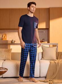 Manfinity Underwear&Sleepwear Basics Men's Casual Plaid Pocket Short Sleeve Top And Pants Pajama Set - Navy Blue - View 4