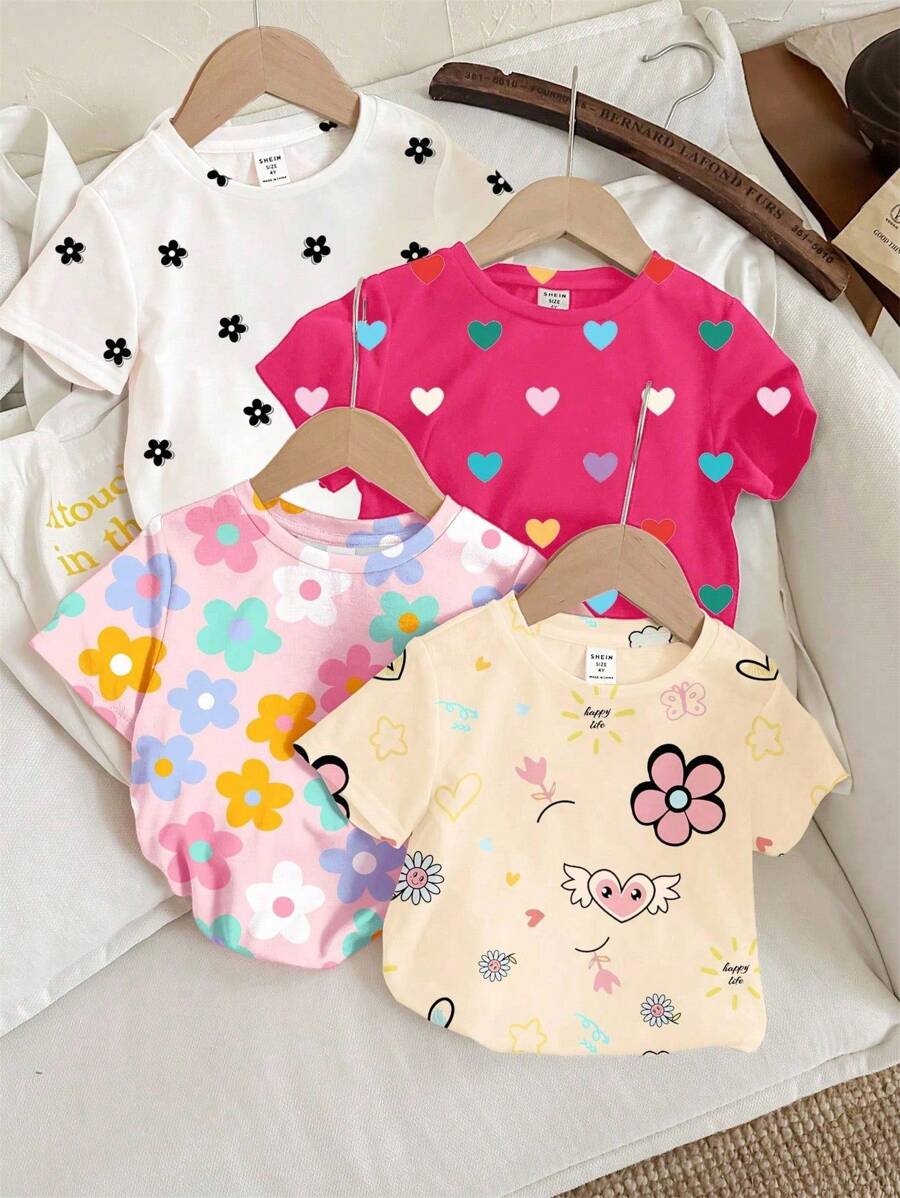 SHEIN 4pcs/Set Baby Girl Casual Minimalist Round Neck Short Sleeve T-Shirt, Suitable For Spring/Summer - Multicolor - View 1