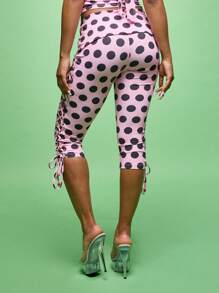 SUMWON WOMEN Leggings capri con cordones laterales de estilo retro, cintura alta con estampado de lunares, ajuste ceñido, ropa de calle, ropa de fiesta, pantalones de fiesta, ropa de noche, moda de declaración