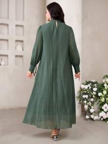 Veilorie Vestido holgado y elegante de manga larga con mangas largas y bajo de unicolor con perlas falsas para mujer de talla grande - Verde Oliva - Ver 3
