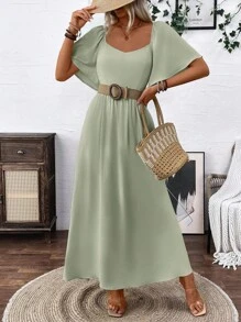 Clasi Breezaya 女式绿色波西米亚风方形优雅领口浪漫毕业生日礼服音乐会服装海滩女士服装泡泡袖露背蝴蝶结连衣裙带蝴蝶结春夏超长度假柔软面料荷叶边袖长裙 - 綠色 - 查看 7