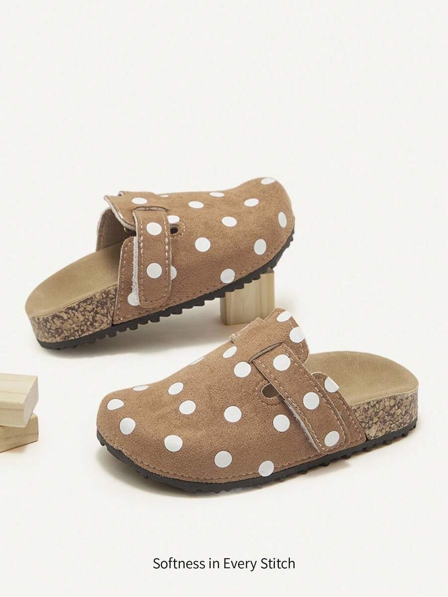 SHEIN Spring/Summer Casual Lightweight All-Match Brown Polka Dot Pattern Cute Slip-On Flat Sandals For Baby Girls