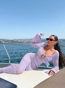 EURMUSE 女士镂空细节 V 领钩针长裙 - 紫丁香色 - 查看 5